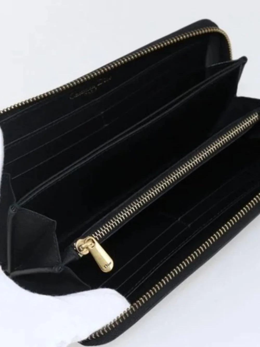 Christian Dior Round Long Wallet Leather Black Gold Auth am10801